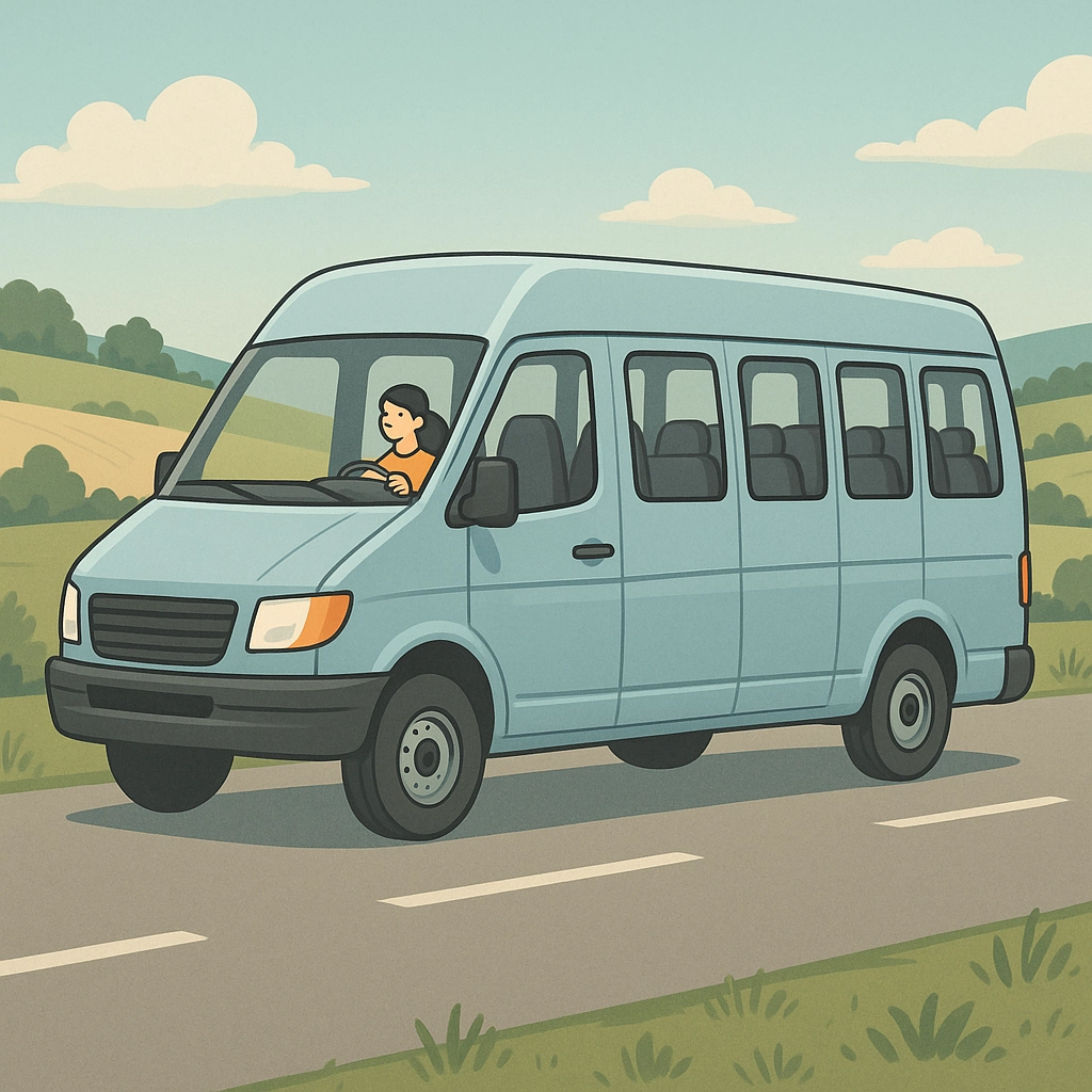 A young driver alone in a large 12-seater van on a rural road. All passenger seats are empty.